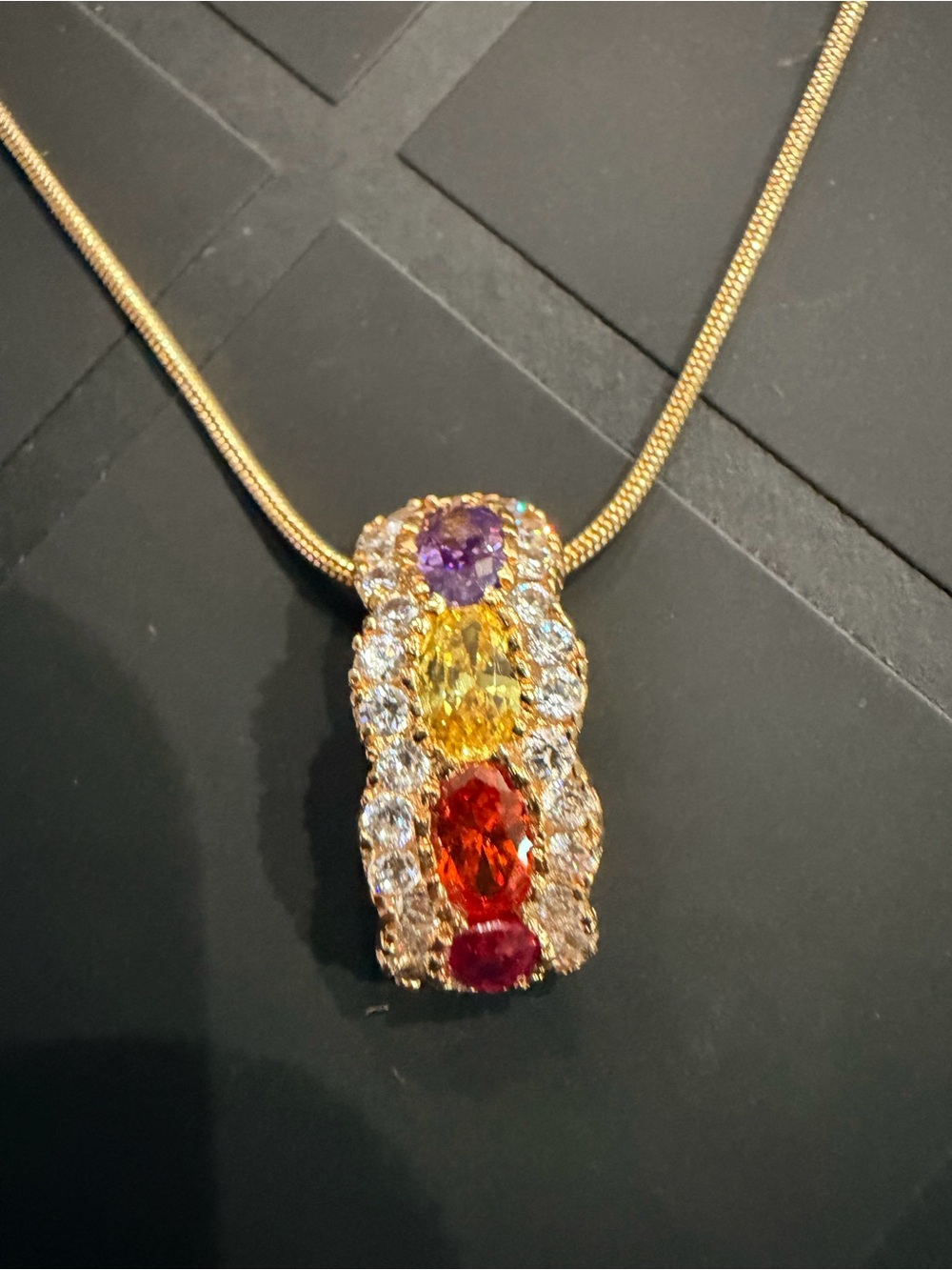Gold Rainbow Rhinestone Slide Pendant Snake Chain Necklace 15” with 3” extender